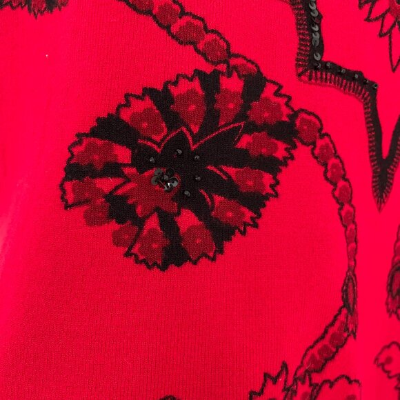 Vintage Elizabeth New York Red Beaded Sweater, Petite Small, Black Bead Applique - Picture 5 of 6